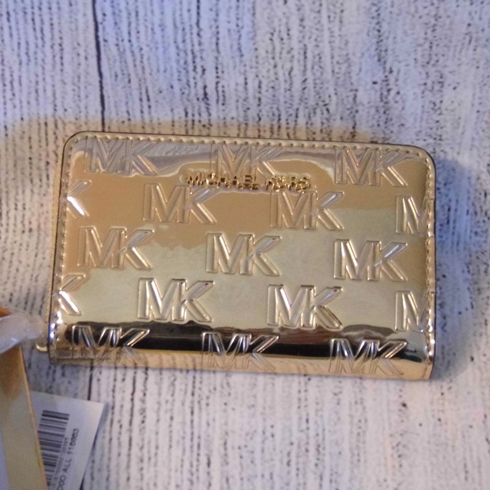Michael Kors Pale Gold Jet Set Small Zip Around Card Case In Gift Box